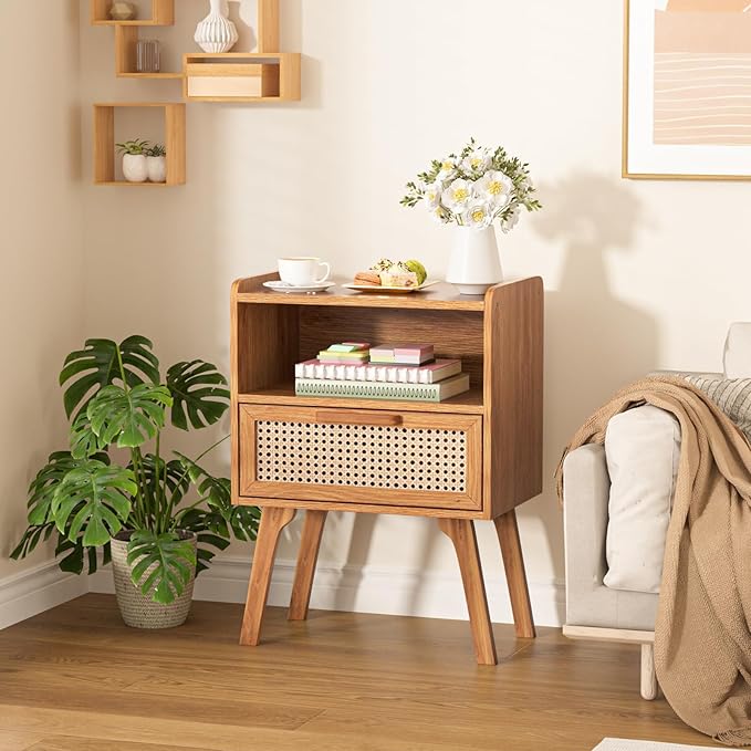 Lerliuo Rattan Nightstand, Side Table with Drawer Open Shelf, Cane Accent Bedside End Table with Solid Wood Legs, Mid Century Modern Night Stand for Bedroom, Dorm and Small Spaces (Tea Brown)