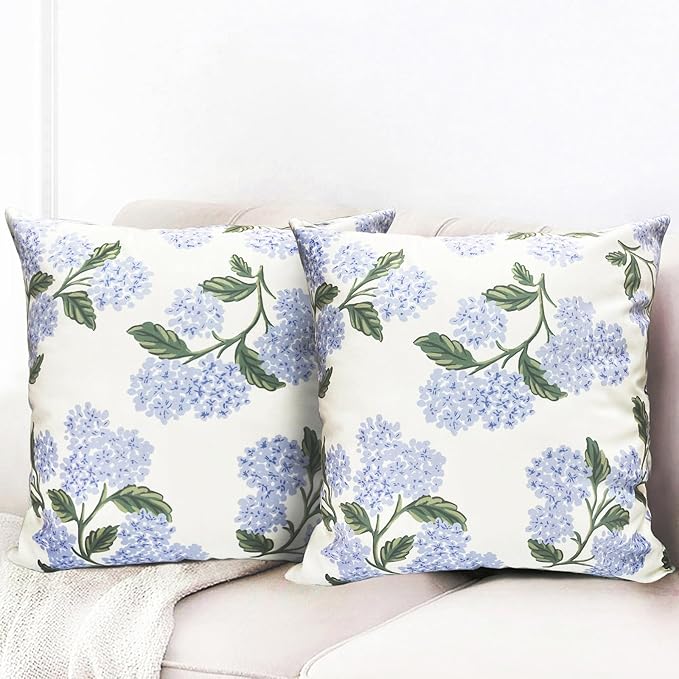 Decorative Throw Pillow Covers Set of 2 White Hydrangea Pillow Covers 18x18 inch Super Soft Short Plush Square Floral Throw Pillows,Farmhouse Outdoor Pillow Covers for Couch Living Room
