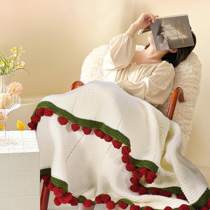 51" Handmade Crochet Rose Flower Bouquet Blanket, Soft Chunky Knit Throw Blanket for Sofa Couch Bed, Christmas Birthday Gifts for Her Wife Girlfriend Mom Grandma, Women Decorative Giftable Blankets