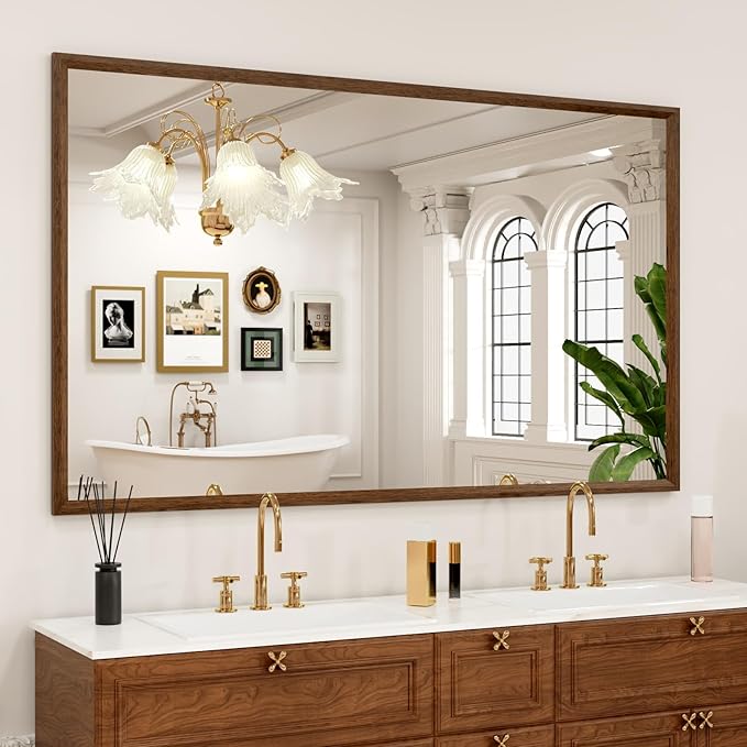 Rectangle Walnut Bathroom Mirror 60x36 Inch, Anti-Rust 4MM Tempered Glass, Modern Vanity Mirror for Bathroom, Horizontal or Vertical Wall Mount