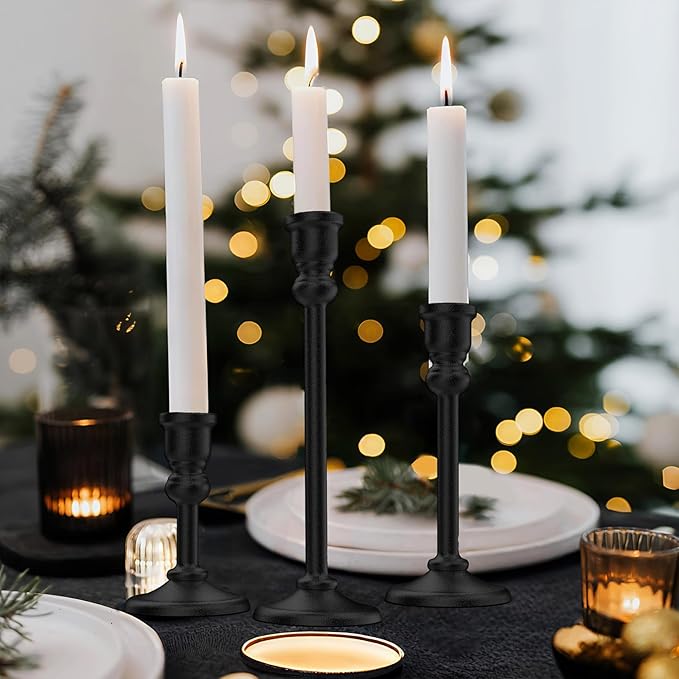 Black Heavy Candlestick Holders Taper Candle Holders Set of 3, Golden Candlestick Holders Decorative Candle Stand, Tapered Candle Holders Set for Wedding, Dining Table, Home Decoration (Antique Black)