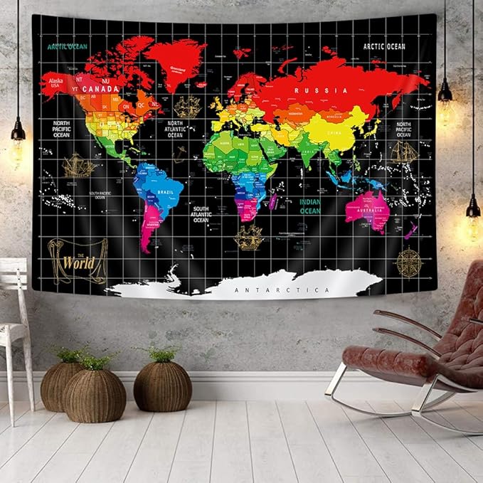 World Map Tapestry, Black Map World Vintag Topography Educational Wall Art Tapestries，Asia Europe South City Topography America Africa Japan Tapestry Wall Hanging 60X40 Inch