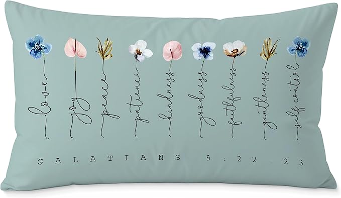 Fruit of The Spirit Bible Verse Pillow Covers 12x20, Boho Floral Christian Throw Pillow Covers for Home Office Church Decor, Christian Gifts for Women, Faith Based Gifts(Blue Grey)