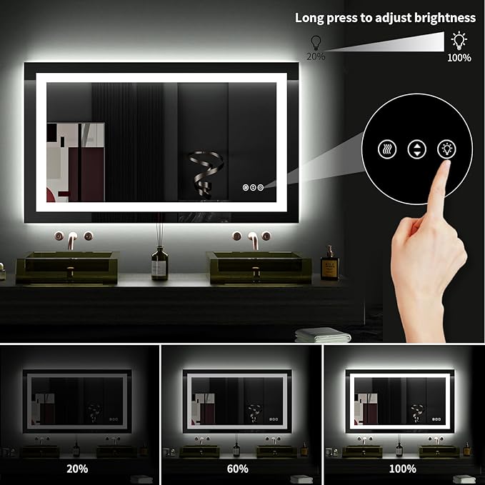 LOAAO 40X24 LED Bathroom Mirror with Lights, Anti-Fog, Dimmable, Backlit + Front Lit, Lighted Bathroom Vanity Mirror for Wall, Memory Function, Tempered Glass (Safe to Use)