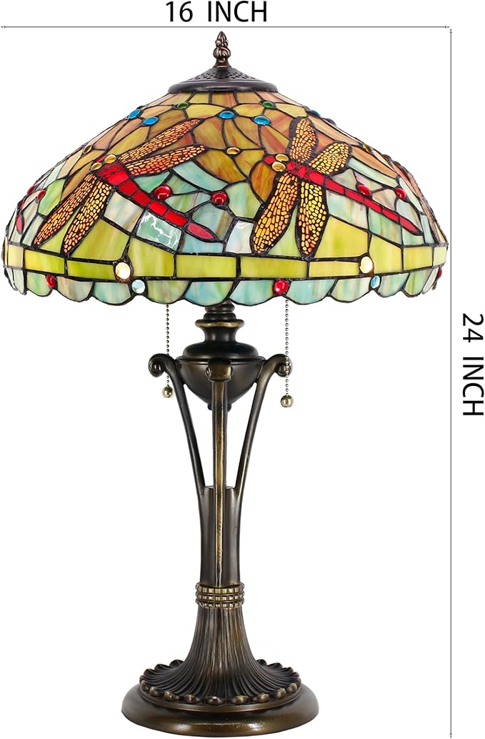 Tiffany Table Lamp Green Red Stained Glass Desk Lamp 16X16X24 Inches Dragonfly Style Reading Light