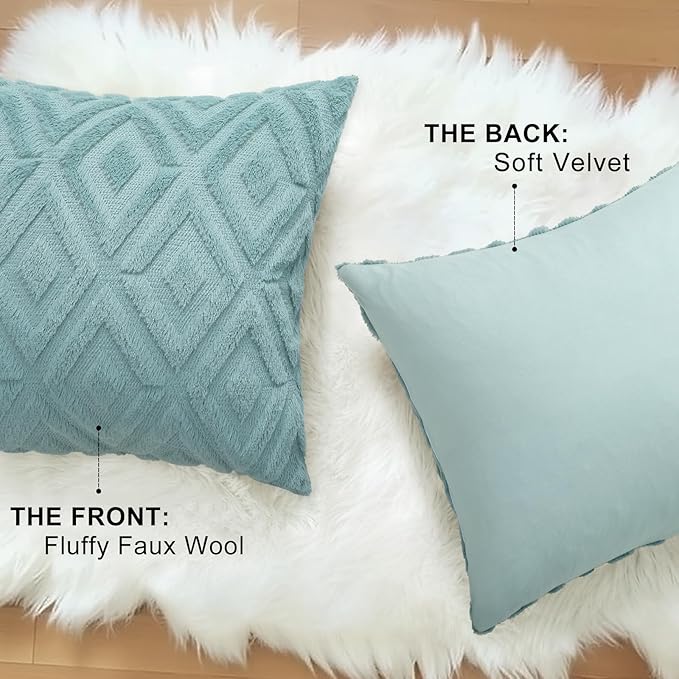 decorUhome Couch Throw Pillow Covers 22x22 Set of 2, Decorative Soft Plush Faux Wool Neutral Accent Pillow Covers for Bed Sofa Living Room, Light Teal