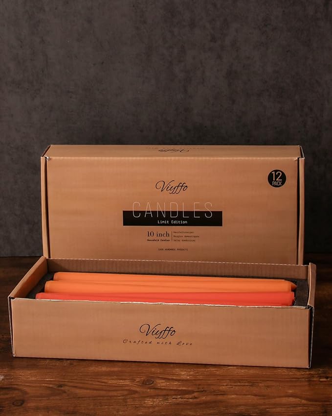 Viyffo 10 Inch Taper Candles-12 Pack Orange, Unscented, Dripless, Smokeless– 8 Hour Burn – Long Tall Tapered Candlesticks for Wedding, Dinner, Holiday, Party, Home Decor Natural Color Series