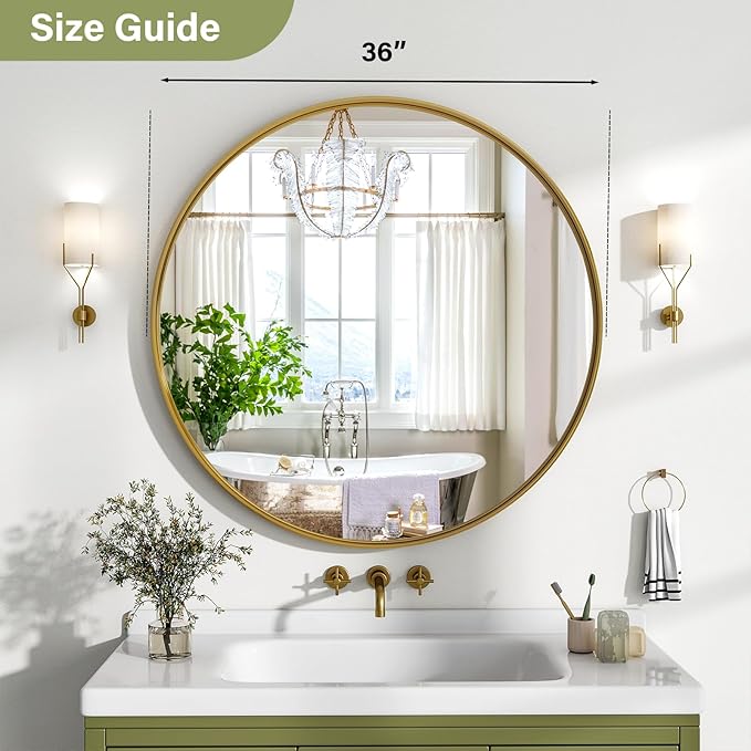 36 Inch Round Bathroom Mirror - Wall Mounted Circle Mirror with Metal Frame, Modern Mirror Suitable for Bathroom, Vanity, Entryway, Living Room, Wall Decor,Gold