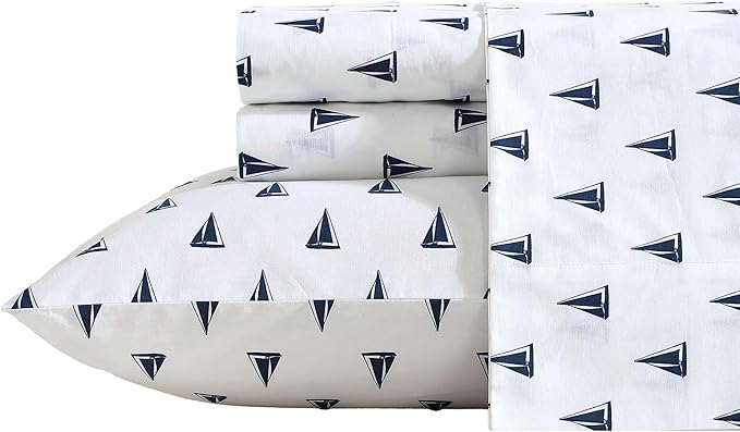 Nautica - Sheets, Cotton Percale Bedding Set with Matching Pillowcases, Crisp & Cool, Deep Pocket (Windtale Boat Navy, Full)