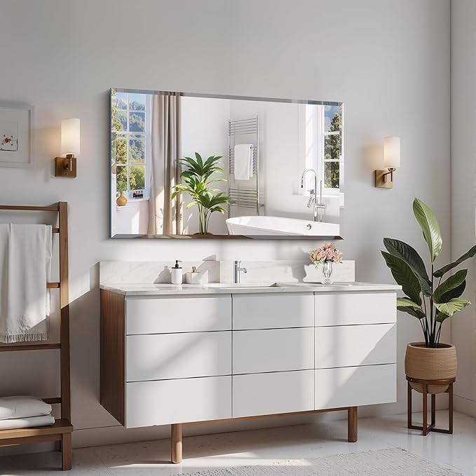 Beveled Bathroom Mirror, 24x40 Large Frameless Mirrors for Over Sink, Upgraded Shatterproof Beveled Frameless Vanity Mirror for Bathroom,Bedroom,Living Room and Entryway