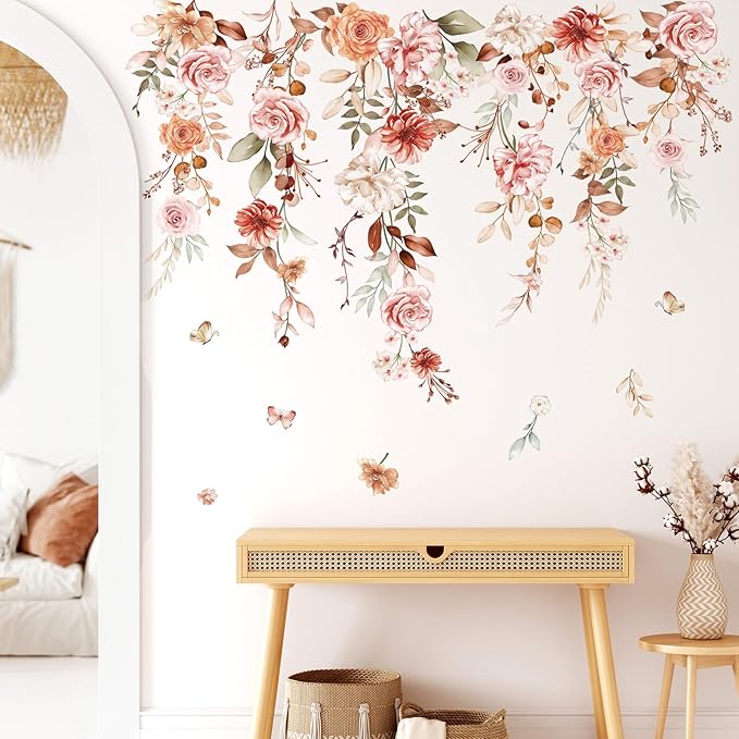 wondever Hanging Flower Vine Wall Stickers Boho Floral Leaves Peel and Stick Wall Art Decals for Living Room Girls Bedroom TV Wall