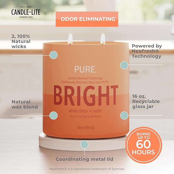 Candle-Lite Pure White Citron & Violet Odor Eliminating Scented Candles, Neofresh Technology Eliminates 99.9% of Odors, 16 oz 2-Wick Jar, Proudly Poured in The USA, Up to 60 Hours Burn Time
