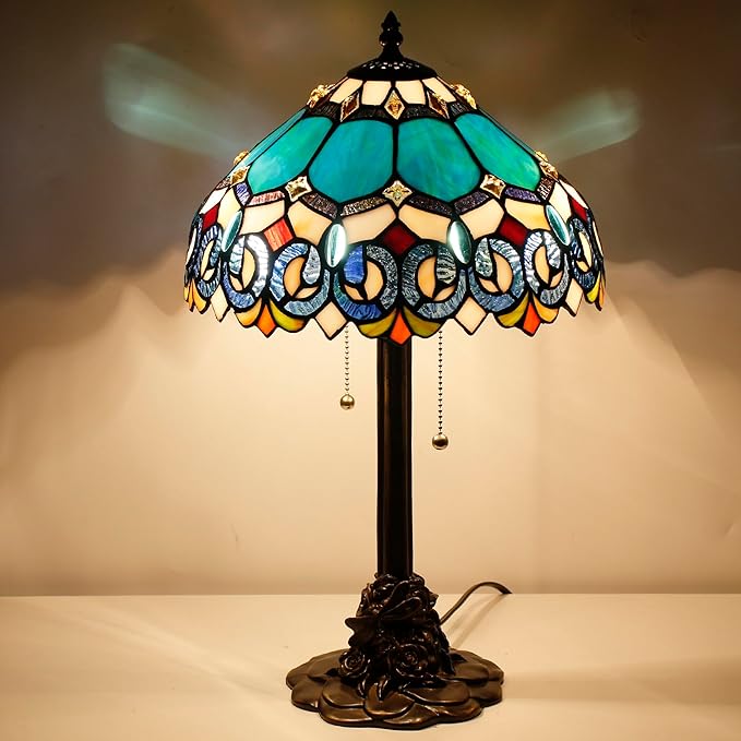Tiffany Stained Glass Table Lamp 12X12X21Inch Resin Base Desk Bedroom Living Room Reading Light (Blue Jewelry Baroque)