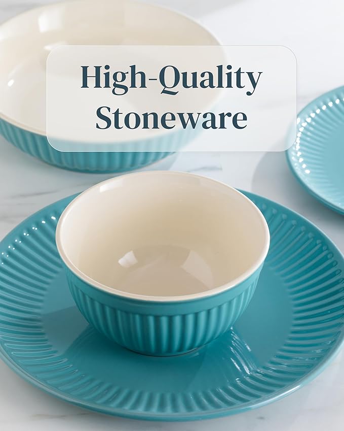 Stoneware Dinnerware Set for 4 People HYGGE 12-Piece - Elegant Scandi Design - Premium Dish Set - Bowl and Plate Set - Tableware for 4 People in a Ribbed Design - Pure Living in Green