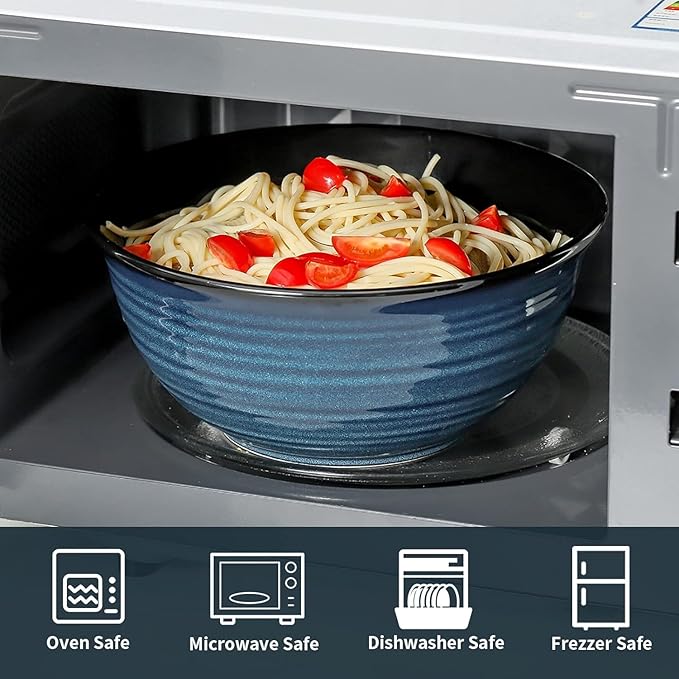 MEKY Ceramic Mixing Bowls Set of 2, 84OZ Large Nesting Salad Bowls - Perfect for Cooking, Baking, Soup, Pasta, Fruit and Popcorn, Deep Bowls Ideal for Microwave and Dishwasher Safe, Blue