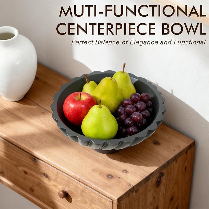 Black Concrete Bowl with Wooden Base, Modern Decorative Fruit Bowl for Table Centerpiece, Living Room or Kitchen Decor