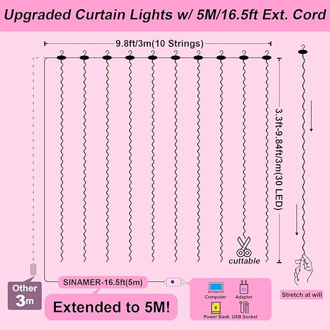 Pink Curtain Light for Bedroom, 300 LED 9.8ft x 9.8ft Window Fairy Curtain String Light with 16 Hooks, 8 Models Remote Control for Wedding Party Home Garden Indoor Decorations