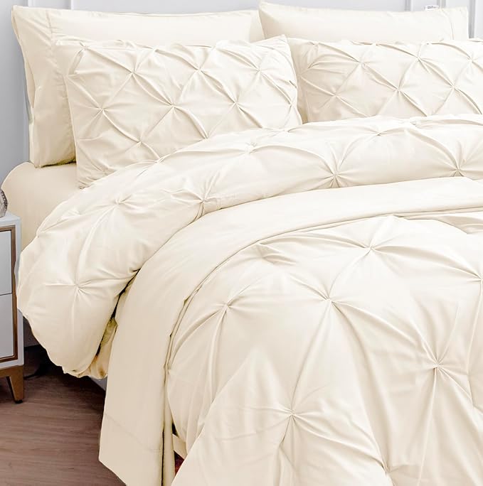 LANE LINEN Full Comforter Set – 7 Piece Bed in a Bag – Pinch Pleated Full Size Bedding Set with Comforter, Flat Sheet, Fitted Sheet, Pillowcase & Sham – Soft Pintuck Bed Set - Ivory