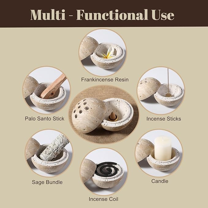 Koville Natural Travertine Stone Incense Burner, Incense Holder for Cone/Balsam Fir/Palo Santo/Sage, Handmade Sphere Incense Burner for Meditation Yoga SPA Relaxation, Home Decor,Beige Travertine