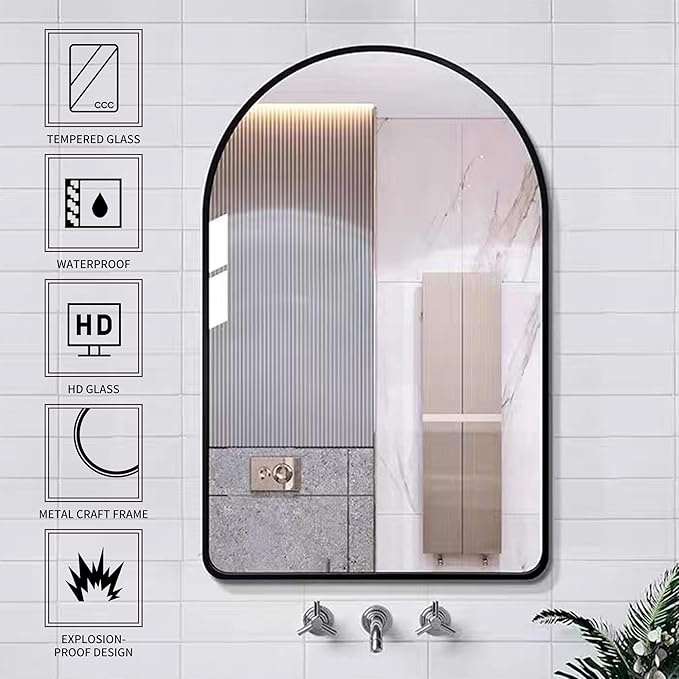24x36 Inch Premium Black Arched Mirror Shatter Resistant No Distortion Luxe Brushed Metal Frame Arch Mirror for Bathroom Vanity Modern Wall Decor