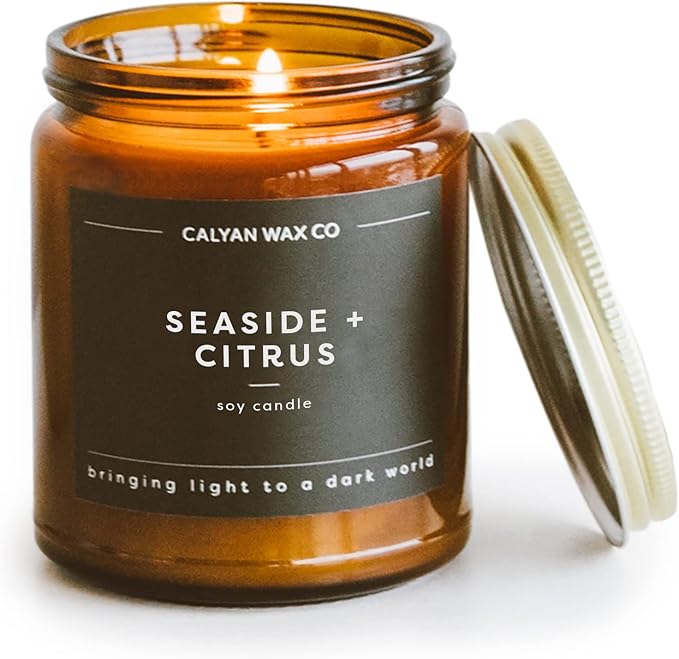 Calyan Wax Co. Soy Wax Candle, Seaside + Citrus Scented Candle, 57 Hour Burn Time, Aromatherapy Soy Candles, Non Toxic & Vegan Soy Wax, Amber Glass Jar Scented Candles, 7.2oz