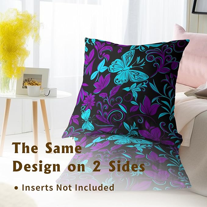 Teal Purple Butterfly Pillow Covers - Butterflies Throw Pillow Covers Floral Pillowcases Flowers Cushion Cover for Sofa Bedroom Patio 20x20 Inch