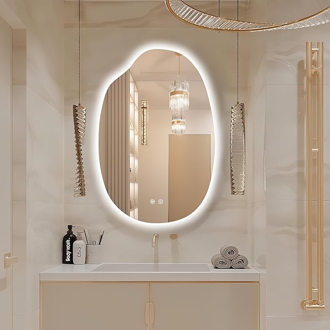 38"x26" Asymmetrical Led Mirror for Bathroom, Irregular Backlit Vanity Mirror with Lights, Frameless Smart Mirror, 3 Colors Stepless Dimmable, Anti-Fog, Memory, CRI95+, Horizontal/Vertical