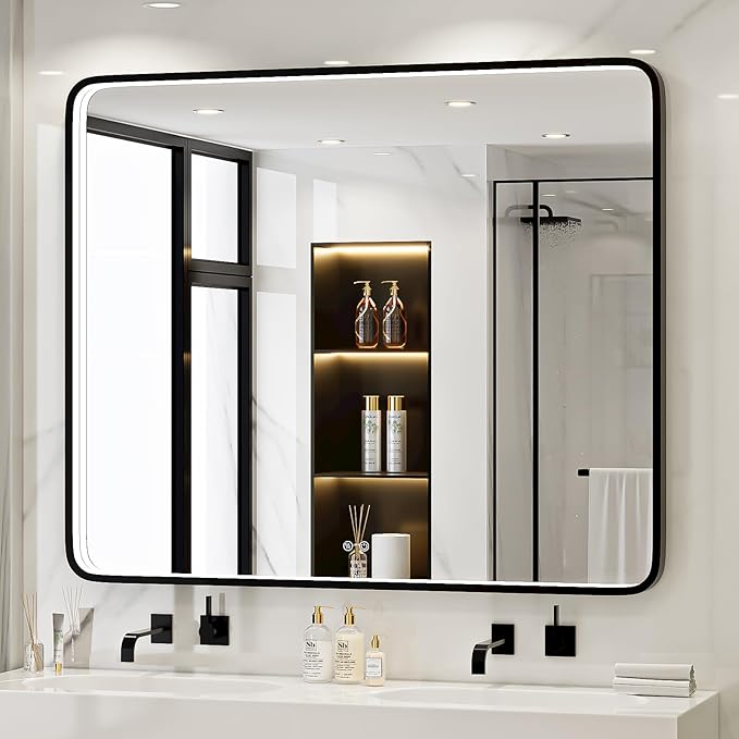 43X36 Inch Black LED Bathroom Mirror with Lights,Metal Frame Lighted Vanity Mirror,Anti Fog,Dimmable(Horizontal/Vertical)