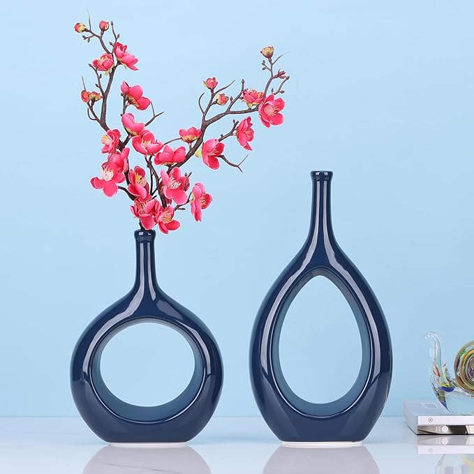 Navy Blue Vase Ceramic Blue Vases Home Decor,Modern Minimalist Circle with Hole Decorative Vase, Hollow Ellipse Flower vases for Bookshelf, Fireplace Mantle, Centerpieces,Farmhouse,Rustic Décor