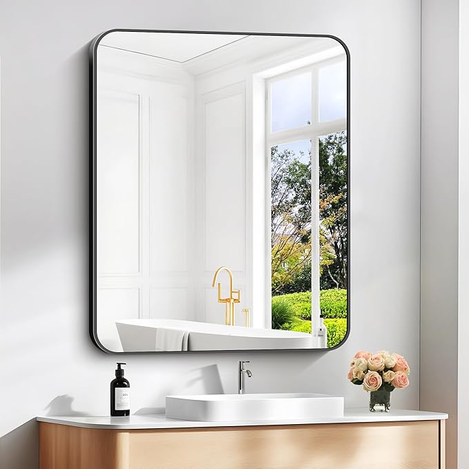 30" x 36"Bathroom Mirror, Matte Black Wall Mirror with Metal Frame, Decorative Rectangular Vanity Mirror for Bedroom Bathroom Living Room Entryway (Horizontal/Vertical)