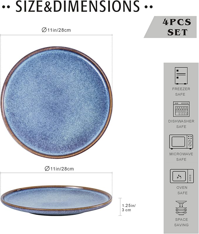 UNICASA Ceramic Large Dinner Plates - 11 Inch Dessert, Salad Plate Set of 4 for Steak, Pasta, Dinnerware Sets, Scratch Resistant - Porcelain Serving Dishes, Dishwasher & Microwave Safe (Blue)