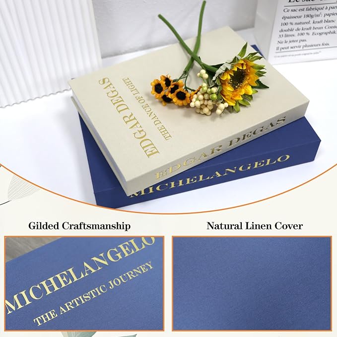 Decorative Fake Books for Coffee Table - Set of 2 Linen Aesthetic Faux Books Decor - Minimalist Keepsake Photo Storage Box for Office Home Living Room Mantle Table Top Decoration (Blue-beige)