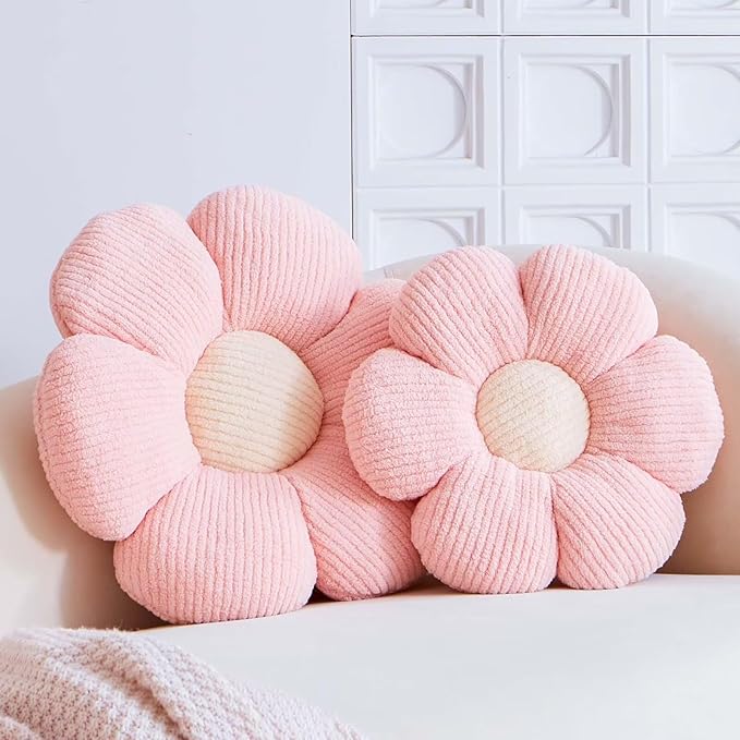 Pink Flower Decorative Throw Pillows, Cute Daisy Shaped Plush Aesthetic Pillow, Soft 14.9" Floor Seat Cushion