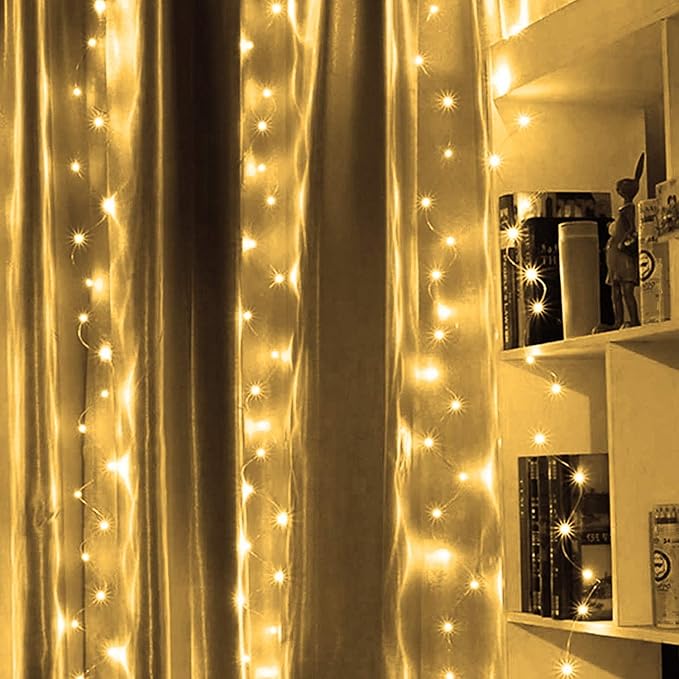 FUNPENY Window Curtain String Lights, 300 LED 8 Lighting Modes Fairy Lights USB Powered, Waterproof Lights for Christmas Bedroom Party Wedding Home Garden Wall Decorations, Warm White