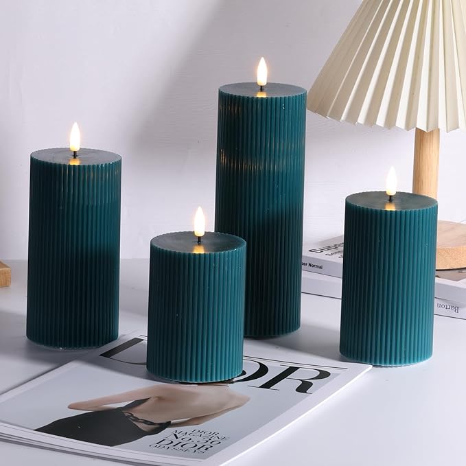 Teal Ribbed Flameless Pillar Candles with Remote, Flat Top Flickering LED Wax Battery Candles Set of 4, Φ 3" H 4" 5" 6" 8"
