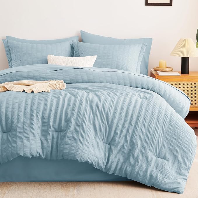 CozyLux Full Size Comforter Sets with Sheets Seersucker 7 Pieces Light Blue Bed in a Bag Textured Luxury Soft Bedding Set with Down Alternative Comforter, Sheets, Pillowcases & Shams for All Seasons