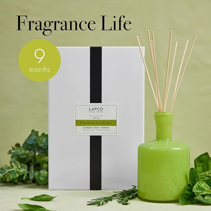 LAFCO New York Signature Reed Diffuser, Rosemary Eucalyptus - 15 oz - Up to 9 Months Fragrance Life - Reusable, Hand Blown Glass Vessel - Natural Wood Reeds - Made in The USA