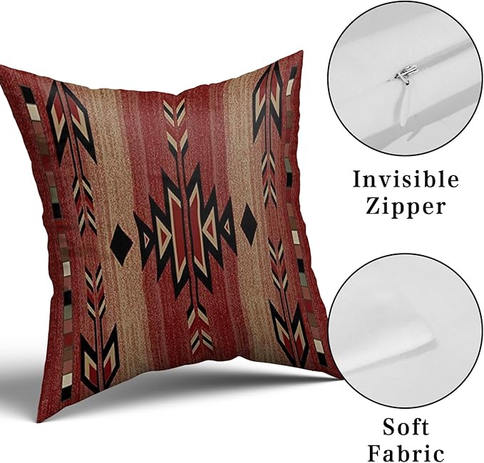 Giwawa Southwestern Throw Pillow Covers, Rusty Red Native American Pillow Cases, Aztec Tribal Geometric Square Cushion Covers Double Sided for Sofa Porch Bedding Patio Decor, 18x18 Inch, Set of 2