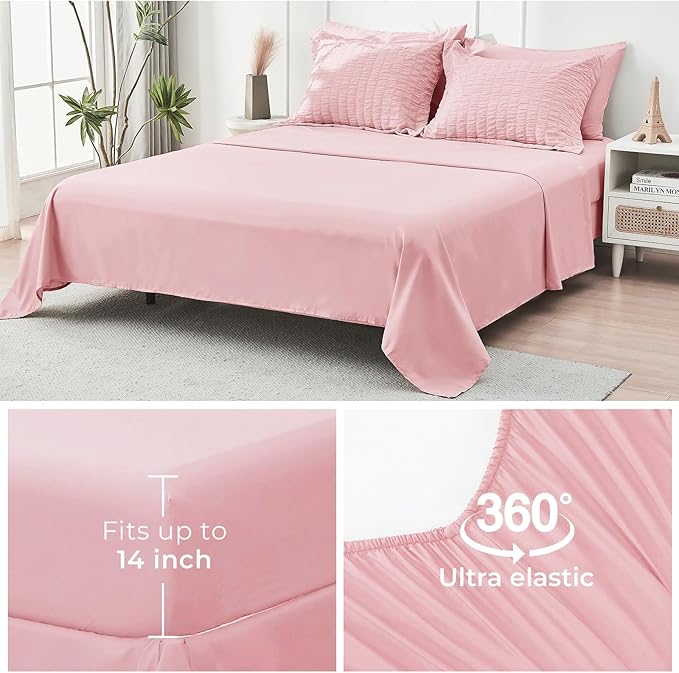 HYMOKEGE Pink Twin Comforter Set Seersucker 5 Pieces, All Season Luxury Bed in a Bag for Bedroom, Bedding Set with Comforters, Sheets, Pillowcase & Sham