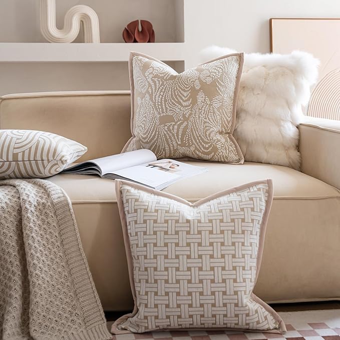 Premium Throw Pillow Covers 22x22 Inches - Framed Oatmeal Woven Whisper Grid Chenille Jacquard Embroidery Decorative Couch Pillow Covers for Living Room Bedroom Sofa