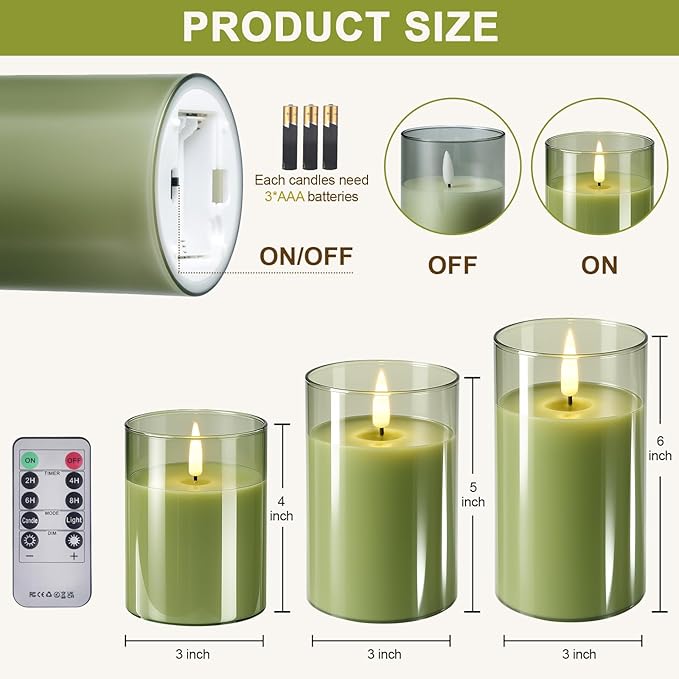 Tyawon Glass Battery Operated LED Flameless Candles with Remote and Timer, Real Wax Candles Warm Color Flickering Light for Festival Wedding Home Party Decor(Pack of 3)-Green
