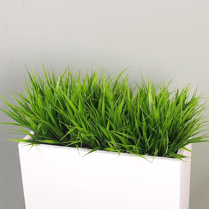 Faux Outdoor Plants 12 Bundles Artificial Boxwood Shrubs Grass Fake Greenery Green Plastic Leaf for Groud Planter Front Porch Patio Decor (12 Bundles Green Grass Plants)