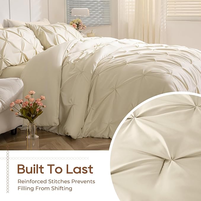 Sasttie Twin Comforter Set, 5-Piece Bed in a Bag, Pintuck Bedding Sets for All Season, Includes Comforter, Flat Sheet, Fitted Sheet, Pillowcase and Pillowsham, Beige