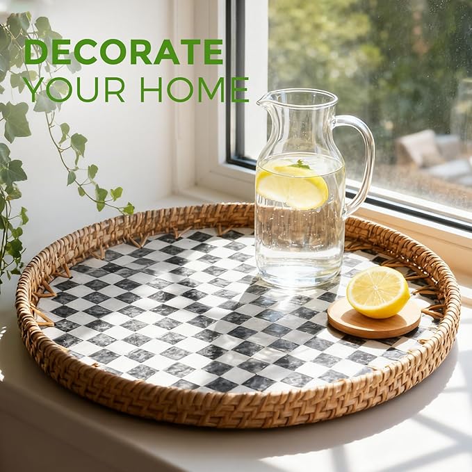 13.8 in Round Rattan Tray with Mother of Pearl Inlay, Wicker Serving Tray Mother for Decor, Rattan Round Wicker Coffee Table Tray for Coffe Friut Bread Checkerboard