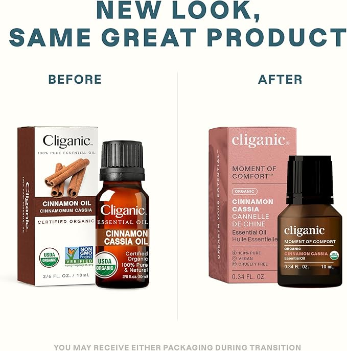 Cliganic Organic Cinnamon Cassia Essential Oil, 100% Pure Natural Undiluted, for Aromatherapy | Non-GMO Verified (Packaging May Vary)