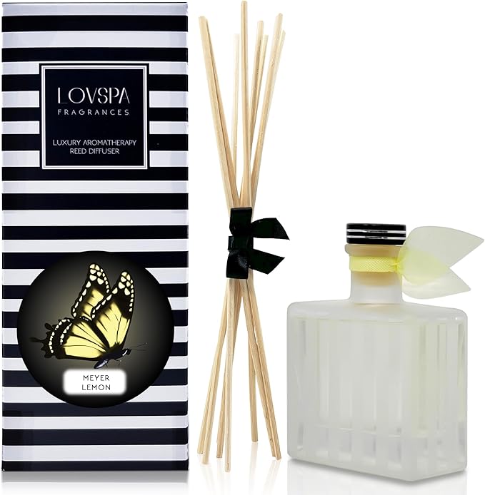 LOVSPA Reed Diffuser Set, Meyer Lemon Scented Oil Diffuser with Sticks, Home Fragrance Accessories for Bathroom Shelf Decor, Aroma Diffusers for Home or Office Desk, USA Made