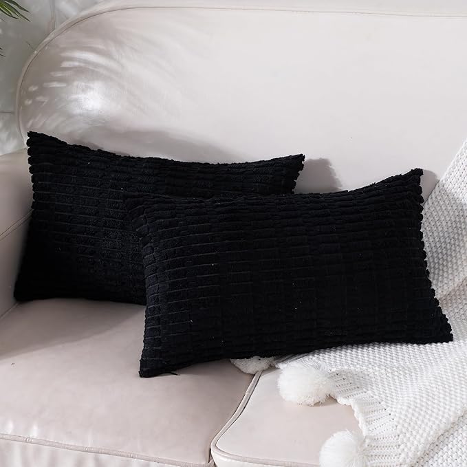 Corduroy Decorative Throw Pillow Covers 12x20 Inch Set of 2, Soft Striped Boho Couch Pillow Covers Modern Farmhouse Home Decor for Sofa Living Room Bed Neutral Black