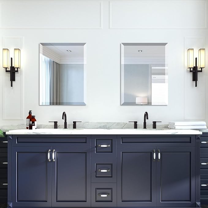 Mirrorons Beveled Mirror, Bathroom Mirrors for Wall 18" x 24", Frameless Rectangle Bathroom Mirror with Beveled Edge, Hangs Horizontally or Vertically, Tempered Glass Upgraded Packing