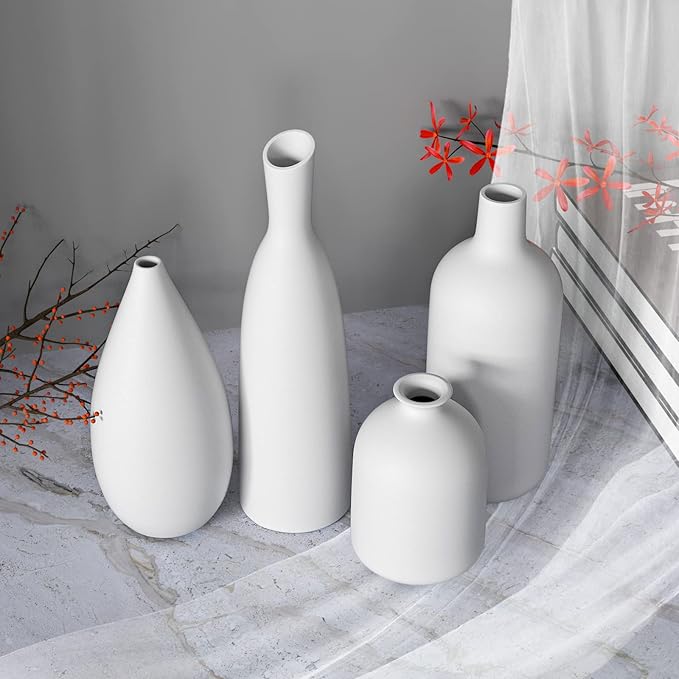Ceramic Vases Set of 4 22 + 19 + 17 + 11 cm Height, Flower Vases Modern Home Decor, Large Modern Vases for Flowers Table Bookshelf Mantel Living Room Bedroom Office Wedding Party Gift