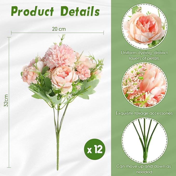 Tigeen Artificial Flowers Artificial Peonies Silk Flowers Faux Peony Fake Peony Silk Hydrangea Bouquet for Wedding Table Centerpiece Floral Vase Decor(Light Pink,12 Bundles)